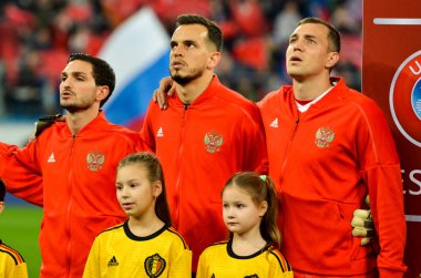 SAINT-PETERSBURG, RUSSIA - November 16, 2019: Russia national team during UEFA EURO 2020 qualifying match between national team Russia against Belgium national team, Russia