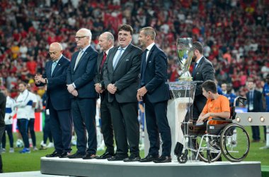 Istanbul, Turkey - August 14, 2019: Alexander Cheferin and Uefa leadership present medals at the award ceremony during the UEFA Super Cup Finals match between Liverpool and Chelsea, Turkey
