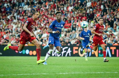 Istanbul, Turkey - August 14, 2019: Joel Matip and Tammy Abraham during the UEFA Super Cup Finals match between Liverpool and Chelsea at Vodafone Park in Vodafone Arena, Turkey