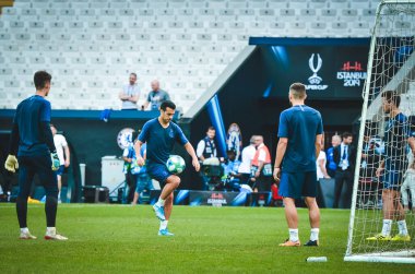 İstanbul, Türkiye - 14 Ağustos 2019: Türkiye 'nin Vodafone Arena kentindeki Vodafone Park' ta Liverpool ile Chelsea arasında oynanan Uefa Süper Kupa Finalleri öncesinde Chelsea futbolcuları antrenman oturumu