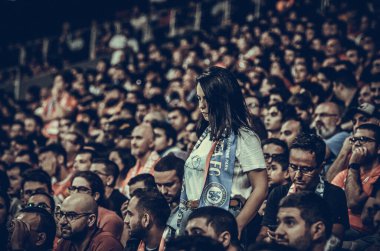 Istanbul, Turkey - August 14, 2019: Chelsea  Football fan girl during the UEFA Super Cup Finals match between Liverpool and Chelsea at Vodafone Park in Vodafone Arena, Turkey