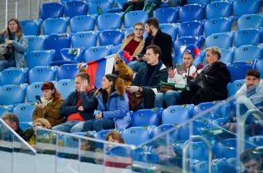 SAINT-PETERSBURG, RUSSIA - November 16, 2019: Football fans support their team during UEFA EURO 2020 qualifying match between national team Russia against Belgium, Russia