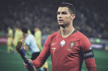 Kyiv, Ukrayna - 14 Ekim 2019: Uefa Euro 2020 ön eleme maçında Ukrayna milli takımı Ukrayna ile Ukrayna milli takımı arasında oynanan Cristiano Ronaldo