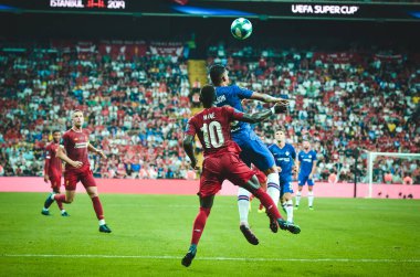 Istanbul, Turkey - August 14, 2019: Sadio Mane and Emerson during the UEFA Super Cup Finals match between Liverpool and Chelsea at Vodafone Park in Vodafone Arena, Turkey