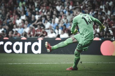 İstanbul, Türkiye - 14 Ağustos 2019: Vodafone Arena, Türkiye 'deki Vodafone Park' ta Liverpool ile Chelsea arasında oynanan Uefa Süper Kupası Finalleri 'nde Adrian oyuncusu