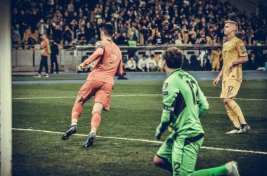 Kyiv, Ukrayna - 14 Ekim 2019: Cristiano Ronaldo, Uefa Euro 2020 ön eleme karşılaşmasında Portekiz, Ukrayna ile oynanan karşılaşmada aldığı penaltı sonrasında atılan golü kutladı