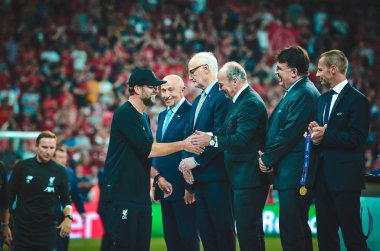 Istanbul, Turkey - August 14, 2019: Jurgen Klopp receives gold medals during the UEFA Super Cup Finals match between Liverpool and Chelsea at Vodafone Park in Vodafone Arena, Turkey