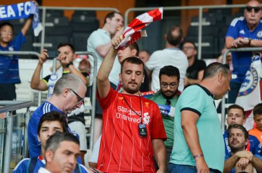 Istanbul, Turkey - August 14, 2019: Liverpool Football fans and spectators during the UEFA Super Cup Finals match between Liverpool and Chelsea at Vodafone Park in Vodafon Arena, Turkey