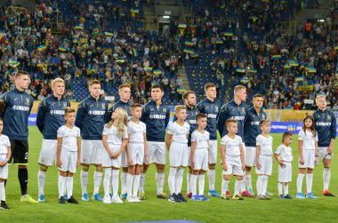 DNIPRO, UKRAINE - September 10, 2019: Ukraine  national team starting lineup player during the friendly match between national team Ukraine against Nigeria national team, Ukraine
