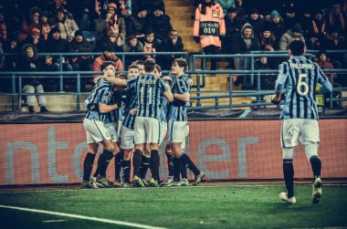 KHARKIV, UKRAINE - December 11, 2019: Atalanta BC  player celebrate goal scored during the UEFA Champions League match between Shakhtar vs Atalanta Bergamasca Calcio BC (Italy), Ukraine