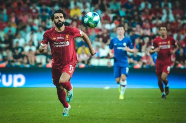 Istanbul, Turkey - August 14, 2019: Mohamed Salah player during the UEFA Super Cup Finals match between Liverpool and Chelsea at Vodafone Park in Vodafone Arena, Turkey