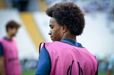 İstanbul, Türkiye - 14 Ağustos 2019: Vodafone Arena, Türkiye 'deki Vodafone Park' ta Liverpool ile Chelsea arasında oynanan Uefa Süper Kupası Finalleri öncesinde Willian ve antrenman oturumu