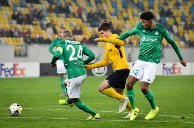 LVIV, UKRAINE - November 07, 2019:  Loic Perrin and  Wesley Fofana during the UEFA Europa League match between Alexandria vs AS Saint Etienne (France), Ukraine