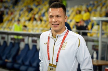 Kyiv, Ukrayna - 14 Ekim 2019: Uefa Euro 2020 ön eleme karşılaşmasında Yevhen Konoplianka ile Portekiz milli takımı Ukrayna arasında oynanan karşılaşma
