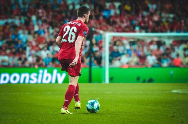 Istanbul, Turkey - August 14, 2019: Andrew Robertson player during the UEFA Super Cup Finals match between Liverpool and Chelsea at Vodafone Park in Vodafone Arena, Turkey