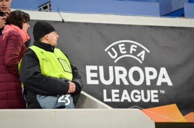 LVIV, UKRAINE - November 07, 2019: Steward at the Europa League match during the UEFA Europa League match between Alexandria (Ukraine) vs AS Saint Etienne (France), Ukraine