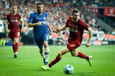 Istanbul, Turkey - August 14, 2019: James Milner during the UEFA Super Cup Finals match between Liverpool and Chelsea at Vodafone Park in Vodafone Arena, Turkey