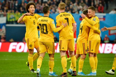 SAINT-PETERSBURG, RUSSIA - November 16, 2019: Belgium national team celebrate goal scored during UEFA EURO 2020 qualifying match between Russia against Belgium team, Russia