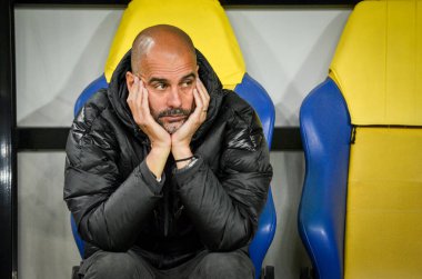 KHARKIV, UKRAINE - September 18, 2019: Pep Guardiola coach during the UEFA Champions League match between Shakhtar Donetsk vs Manchester City (England), Ukraine