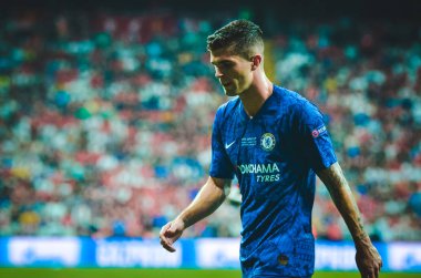 İstanbul, Türkiye - 14 Ağustos 2019: Türkiye 'nin Vodafone Arena kentindeki Vodafone Park' ta Liverpool ile Chelsea arasında oynanan Uefa Süper Kupası Finalleri sırasında futbolcu