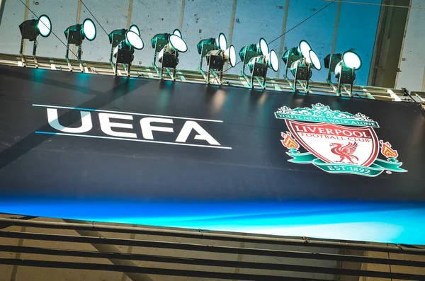Istanbul Turkey August 2019 Sign Uefa Logo Liverpool Uefa Super — Stock Photo, Image
