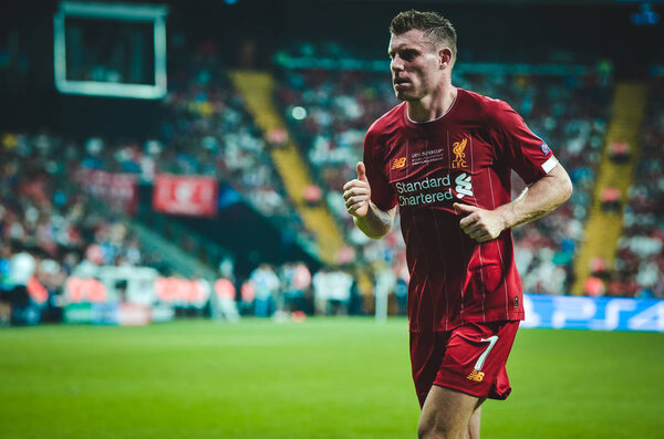 Istanbul, Turkey - August 14, 2019: James Milner during the UEFA Super Cup Finals match between Liverpool and Chelsea at Vodafone Park in Vodafone Arena, Turkey