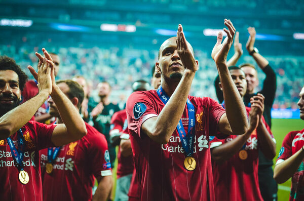 Istanbul, Turkey - August 14, 2019: Fabinho celebrate victory during the UEFA Super Cup Finals match between Liverpool and Chelsea at Vodafone Park in Vodafone Arena, Turkey
