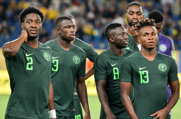 DNIPRO, UKRAINE - September 10, 2019: The starting lineup of the national team of Nigeria during the friendly match between national team Ukraine against Nigeria national team, Ukraine