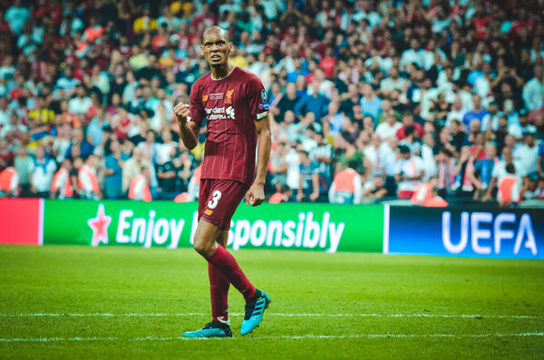 Istanbul, Turkey - August 14, 2019: Fabinho celebrate penalty kick during the UEFA Super Cup Finals match between Liverpool and Chelsea at Vodafone Park in Vodafone Arena, Turkey