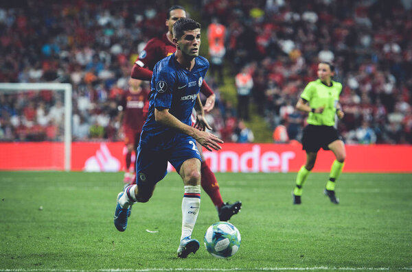 Istanbul, Turkey - August 14, 2019: Christian Pulisic player during the UEFA Super Cup Finals match between Liverpool and Chelsea at Vodafone Park in Vodafone Arena, Turkey