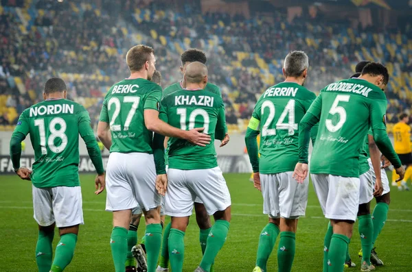 LVIV, UKRAINE - November 07, 2019: Wahbi Khazri  and AS Saint Etienne celebrate goal scored during the UEFA Europa League match between Alexandria (Ukraine) vs AS Saint Etienne (France), Ukraine