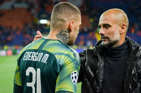 Kharkiv Oekraïne September 2019 Ederson Pep Guardiola Tijdens Uefa Champions — Stockfoto