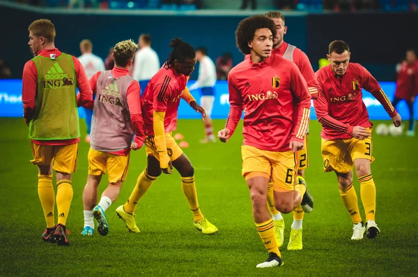 SAINT-PETERSBURG, RUSSIA - November 16, 2019: Axel Witsel and  Belgium national football team training session during UEFA EURO 2020 qualifying match between Russia against Belgium, Russia