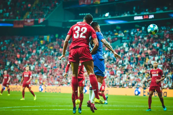 Istanbul, Turkey - August 14, 2019: Emerson and Joel Matip during the UEFA Super Cup Finals match between Liverpool and Chelsea at Vodafone Park in Vodafone Arena, Turkey