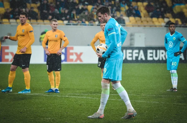 乌克兰利沃夫 Lviv Ukraine 2019年11月28日 在乌克兰亚力山大 乌克兰 对沃尔夫斯堡 的欧联杯比赛中 韦格斯特在点球大战中射门得分 — 图库照片