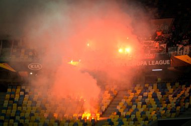 LVIV, UKRAINE - November 07, 2019: Ultras Centetien Fire Fighter Harness and Lights during the UEFA Europa League match between Alexandria vs AS Saint Etienne, Ukraine