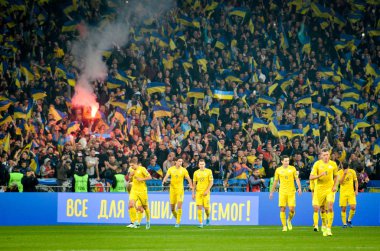 Kyiv, Ukrayna - 14 Ekim 2019: Uefa Euro 2020 ön eleme maçında Ukrayna milli takımı Ukrayna ile Portekiz milli takımı Ukrayna arasındaki golü kutladı