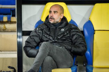 KHARKIV, UKRAINE - September 18, 2019: Pep Guardiola coach during the UEFA Champions League match between Shakhtar Donetsk vs Manchester City (England), Ukraine