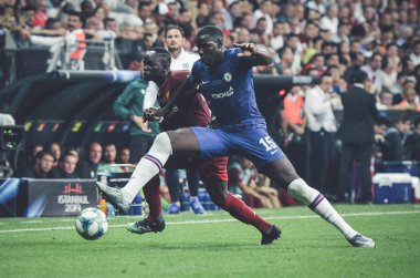 Istanbul, Turkey - August 14, 2019: Sadio Mane and Kurt Zouma during the UEFA Super Cup Finals match between Liverpool and Chelsea at Vodafone Park in Vodafone Arena, Turkey