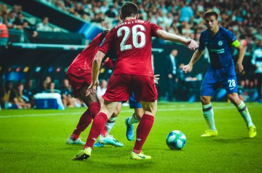 Istanbul, Turkey - August 14, 2019: Andrew Robertson player during the UEFA Super Cup Finals match between Liverpool and Chelsea at Vodafone Park in Vodafone Arena, Turkey
