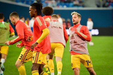 SAINT-PETERSBURG, RUSSIA - November 16, 2019: Dedryck Boyata and Belgium national football team training session during UEFA EURO 2020 qualifying match between Russia against Belgium, Russia
