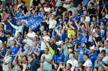Istanbul, Turkey - August 14, 2019: Chelsea  Football fans and spectators during the UEFA Super Cup Finals match between Liverpool and Chelsea at Vodafone Park in Vodafon Arena, Turkey