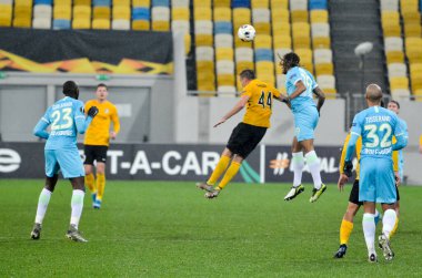 Lviv, Ukrayna - 28 Kasım 2019: Alexandria (Ukrayna) ile Wolfsburg (Almanya), Ukrayna arasındaki Uefa Avrupa Ligi maçı sırasında Marcel Tisserand oyuncusu