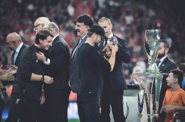 Istanbul, Turkey - August 14, 2019: Jurgen Klopp receives gold medals during the UEFA Super Cup Finals match between Liverpool and Chelsea at Vodafone Park in Vodafone Arena, Turkey