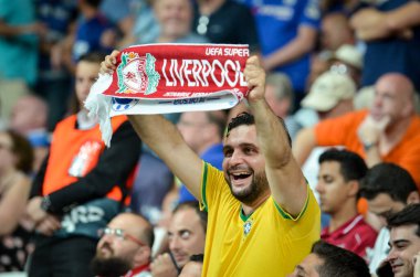 Istanbul, Turkey - August 14, 2019: Liverpool Football fans and spectators during the UEFA Super Cup Finals match between Liverpool and Chelsea at Vodafone Park in Vodafon Arena, Turkey