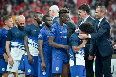 Istanbul, Turkey - August 14, 2019: FootChelsea football players received silver medals r after the UEFA Super Cup Finals match between Liverpool and Chelsea at Vodafone Park, Turkey
