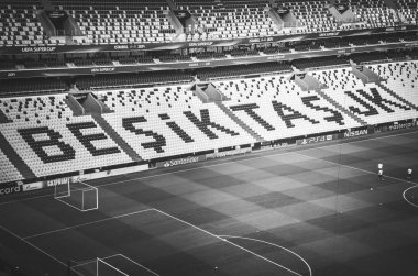 İstanbul, Türkiye - 14 Ağustos 2019: Türkiye 'nin Vodafone Arena kentinde oynanan Uefa Süper Kupası Finalleri öncesinde Vodafone Arenawith stadyumunun genel görünümü