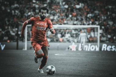 Istanbul, Turkey - August 14, 2019: Mohamed Salah player during the UEFA Super Cup Finals match between Liverpool and Chelsea at Vodafone Park in Vodafone Arena, Turkey