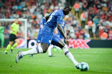 Istanbul, Turkey - August 14, 2019: Kurt Zouma during the UEFA Super Cup Finals match between Liverpool and Chelsea at Vodafone Park in Vodafone Arena, Turkey