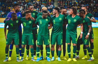DNIPRO, UKRAINE - September 10, 2019: The starting lineup of the national team of Nigeria during the friendly match between national team Ukraine against Nigeria national team, Ukraine